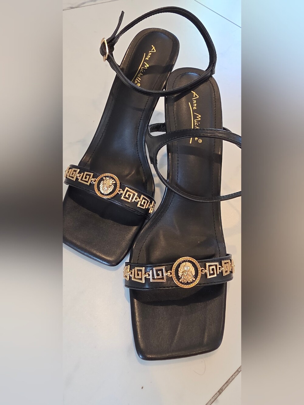 VERSACE inspired Black Strappy Heels with Gold Medallion Detail 9.5